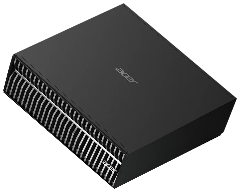 Acer Veriton GN100: schwarzes Kompaktgehäuse mit Lamellenfront, Schrägansicht