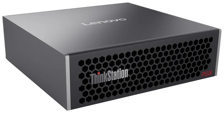 Lenovo ThinkStation PGX: dunkelgraues Kompaktgehäuse mit Waben-Lochfront, Schrägansicht
