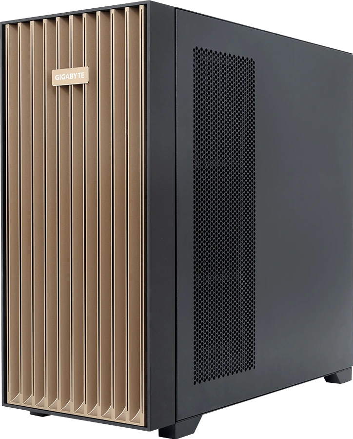 GIGABYTE W775-V10-L01: Tower-Gehäuse der NVIDIA DGX Station GB300 mit goldener Lamellenfront und seitlichem Lüftungsgitter