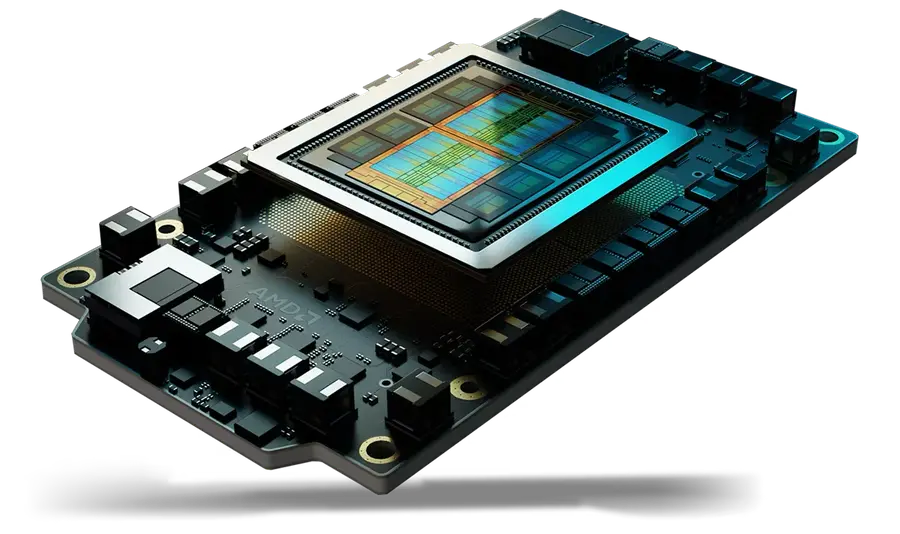 AMD Instinct MI350 Beschleuniger in Bare-Die-Ansicht mit CDNA-4-Chiplets und HBM3E-Speicherstacks