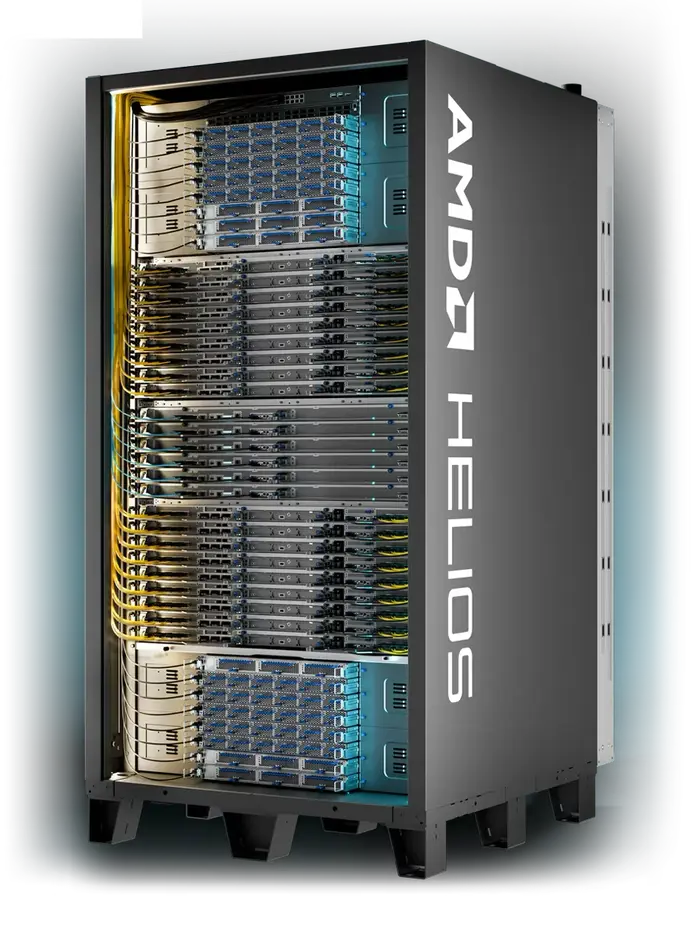 AMD Helios Rack mit 72 Instinct MI455X GPUs, flüssigkeitsgekühlt im Open Rack Wide Formfaktor