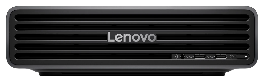 Lenovo ThinkCentre X Ultra: flaches schwarzes Mini-Desktop-Gehäuse mit Lamellenfront, Lenovo-Schriftzug, zwei USB-C-Anschlüssen und Klinkenbuchse vorn
