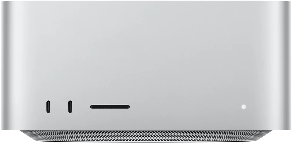 Apple Mac Studio mit M5 Ultra, Frontansicht mit zwei Thunderbolt-5-Anschlüssen und SDXC-Kartensteckplatz