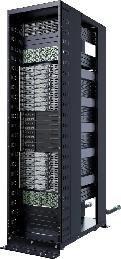 GIGABYTE AI DLC Rack für GB300 NVL72 - 48U-Rack mit Compute-Trays, NVLink-Switch-Trays und Power-Shelves, direkt flüssiggekühlt