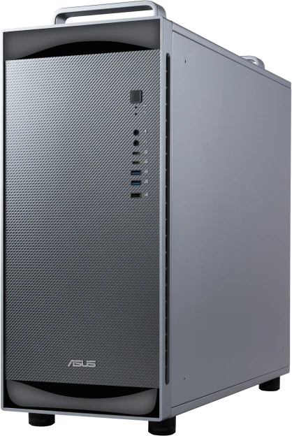 ASUS ExpertCenter Pro ET900N G3: silbernes Tower-Gehäuse der NVIDIA DGX Station GB300 mit Tragegriff und strukturierter Front
